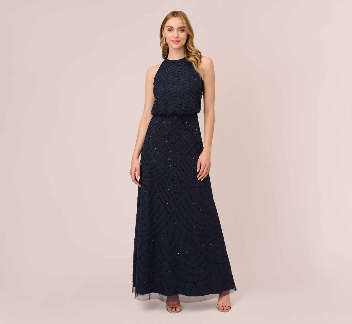 Halter Long Beaded Gown by Adrianna Papell 191914100 in Navy
