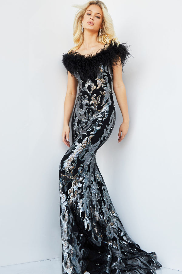 Jovani 22346 Long Mermaid Formal Feather Sequin Prom Dress