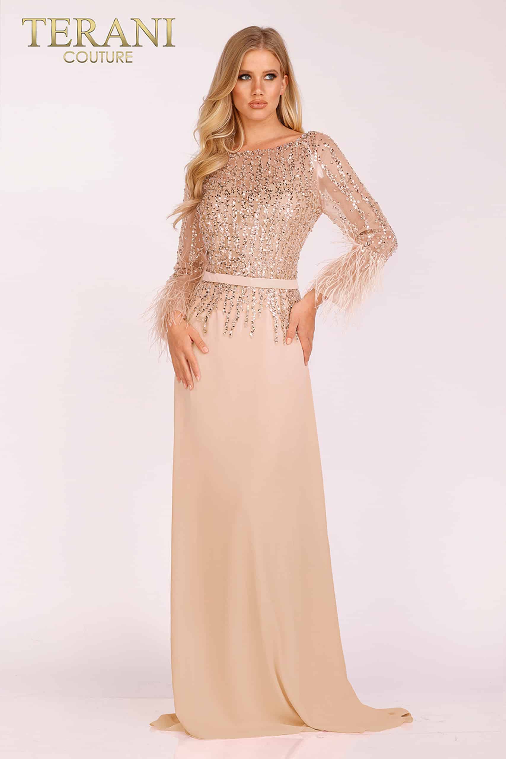 Terani Couture Long Formal Dress 1921M0473 - The Dress Outlet Champagne
