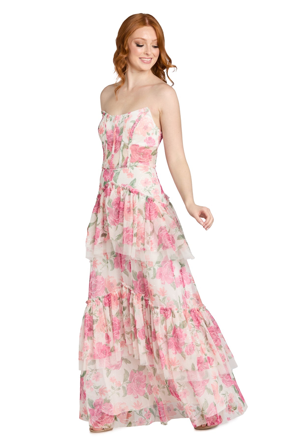 Strapless Tiered Floral Tulle Gown by Morgan & Co 19228 in Ivory/Pink/Coral