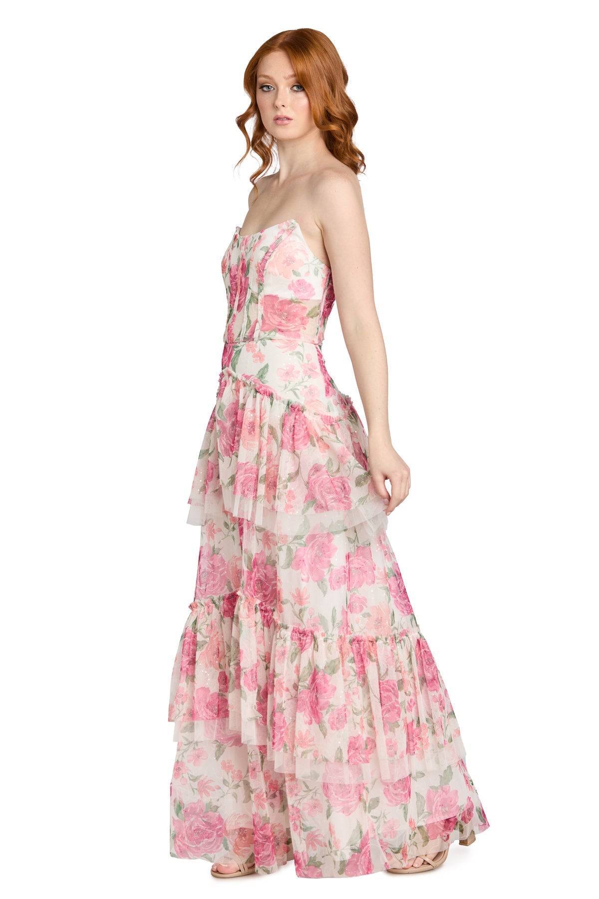 Strapless Tiered Floral Tulle Gown by Morgan & Co 19228 in Ivory/Pink/Coral