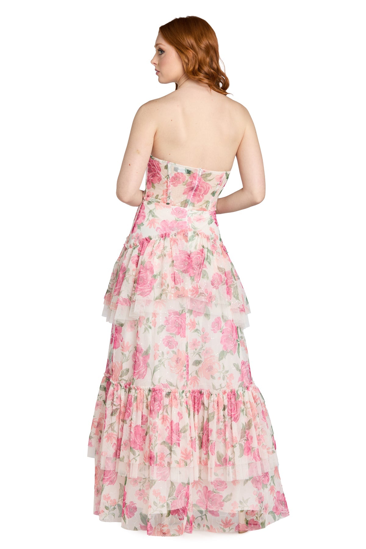 Strapless Tiered Floral Tulle Gown by Morgan & Co 19228 in Ivory/Pink/Coral