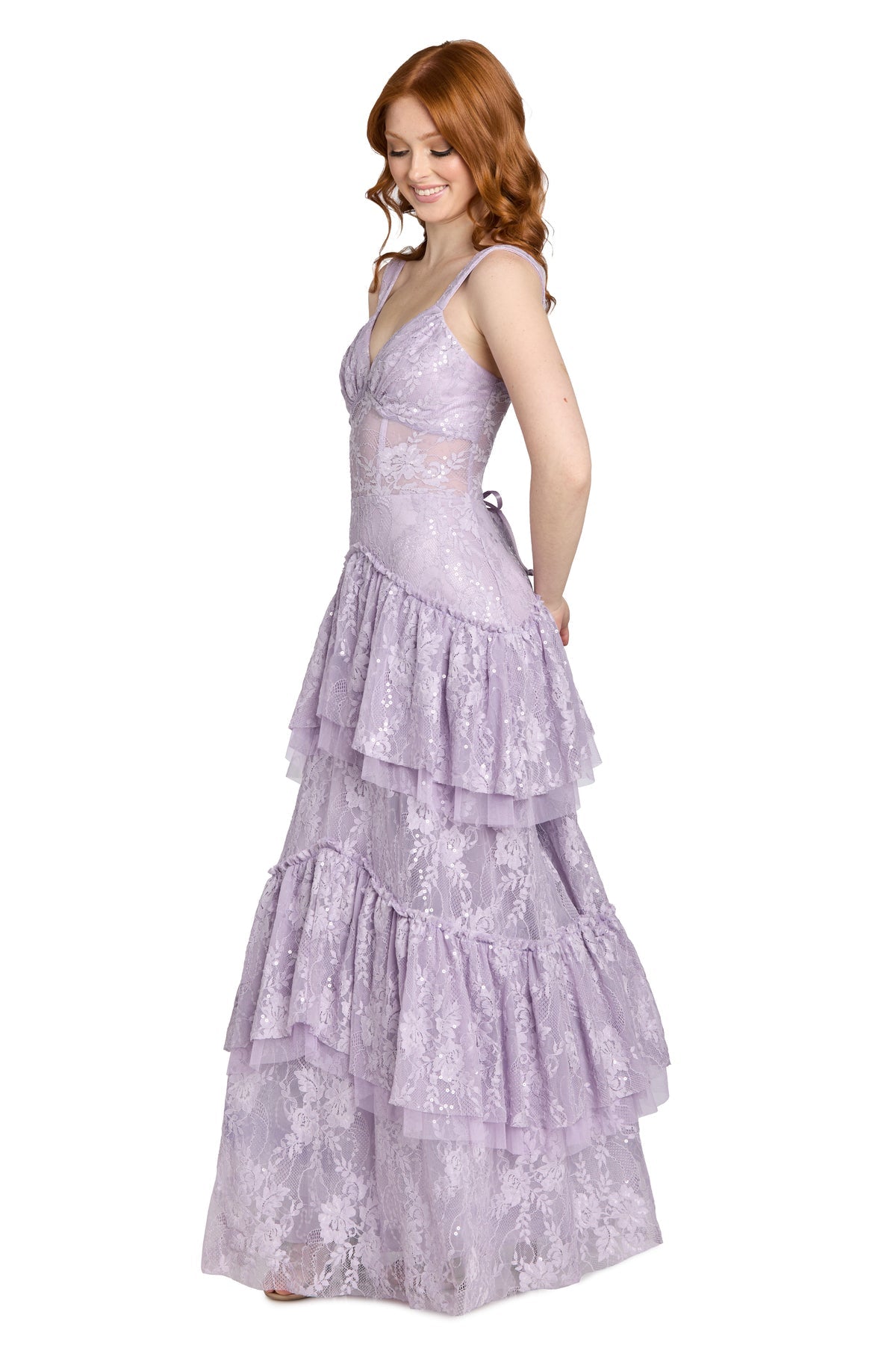 V-Neck Long Sequin Lace Prom Dress by Morgan & Co 19238 in Lavender