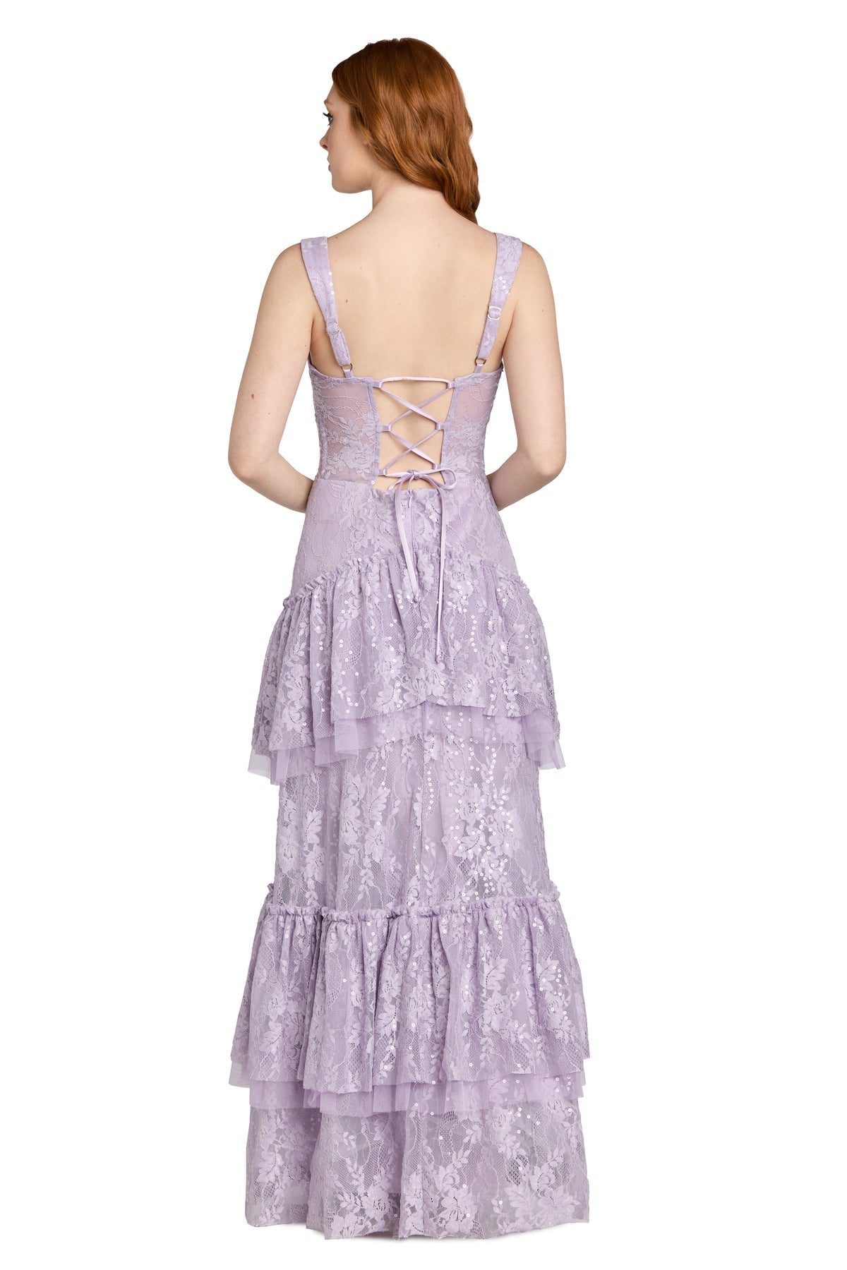 V-Neck Long Sequin Lace Prom Dress by Morgan & Co 19238 in Lavender