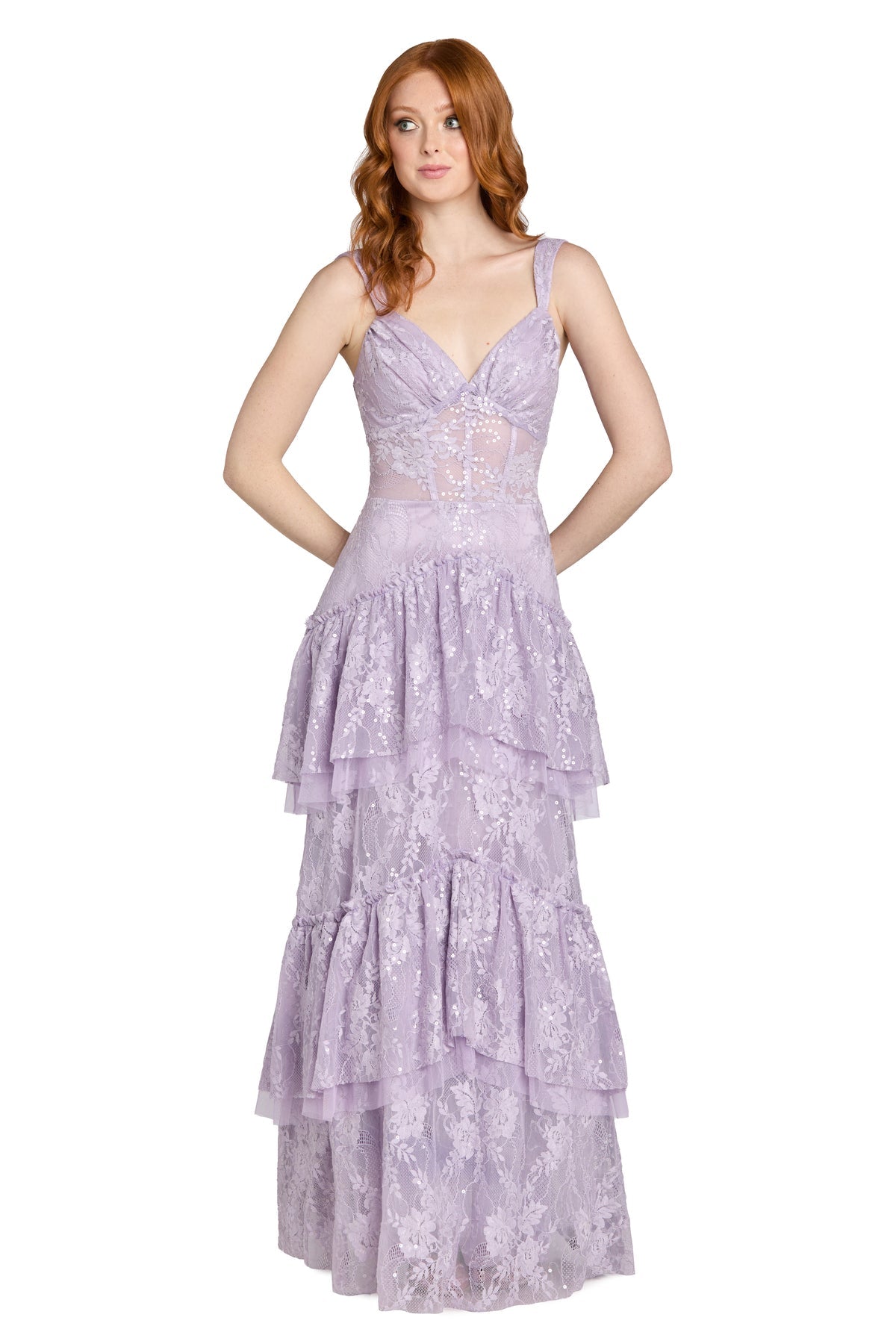 V-Neck Long Sequin Lace Prom Dress by Morgan & Co 19238 in Lavender