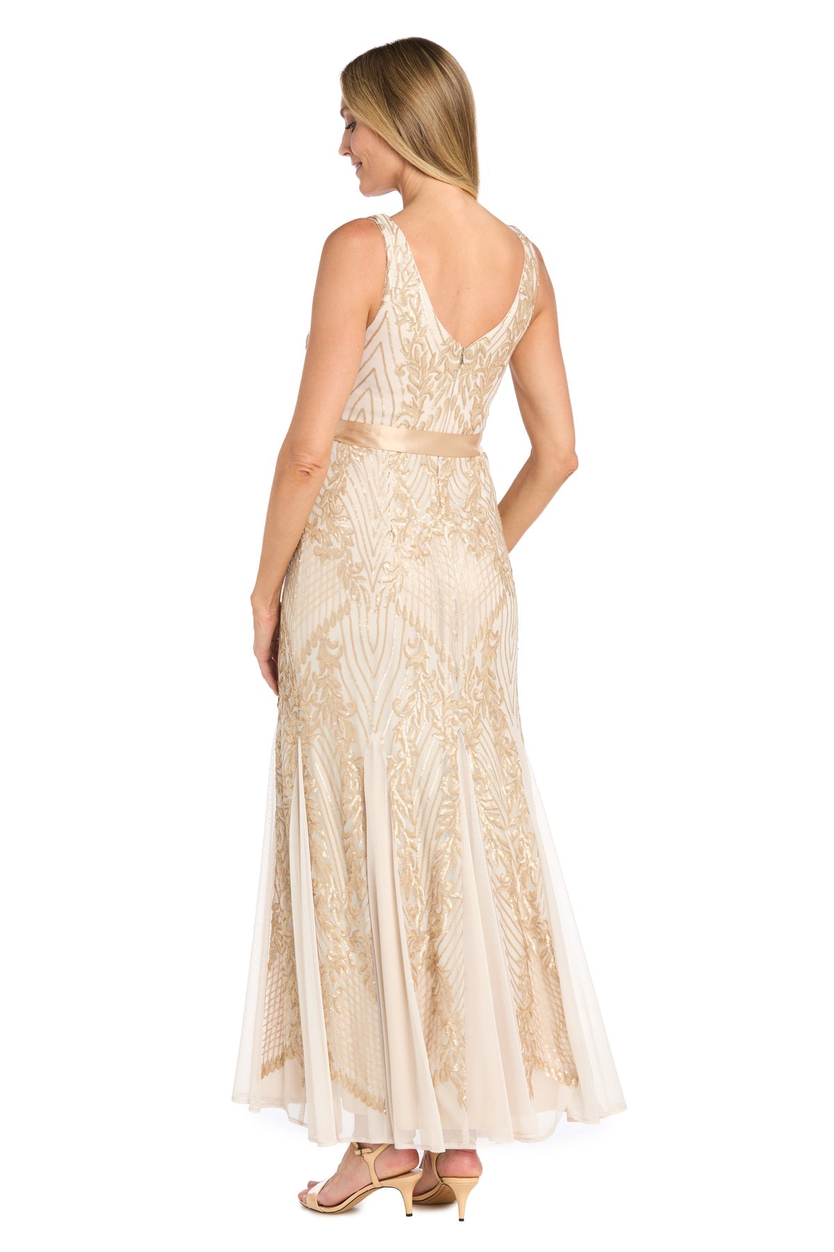 V-Neck Long Sequin Formal Dress by R&M Richards 1925 in Ivory/Gold