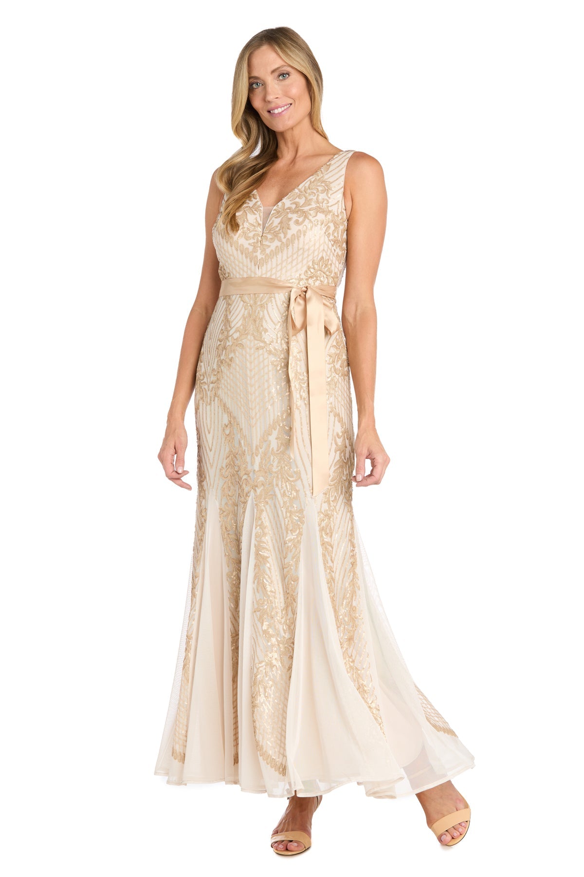 V-Neck Long Sequin Formal Dress by R&M Richards 1925 in Ivory/Gold