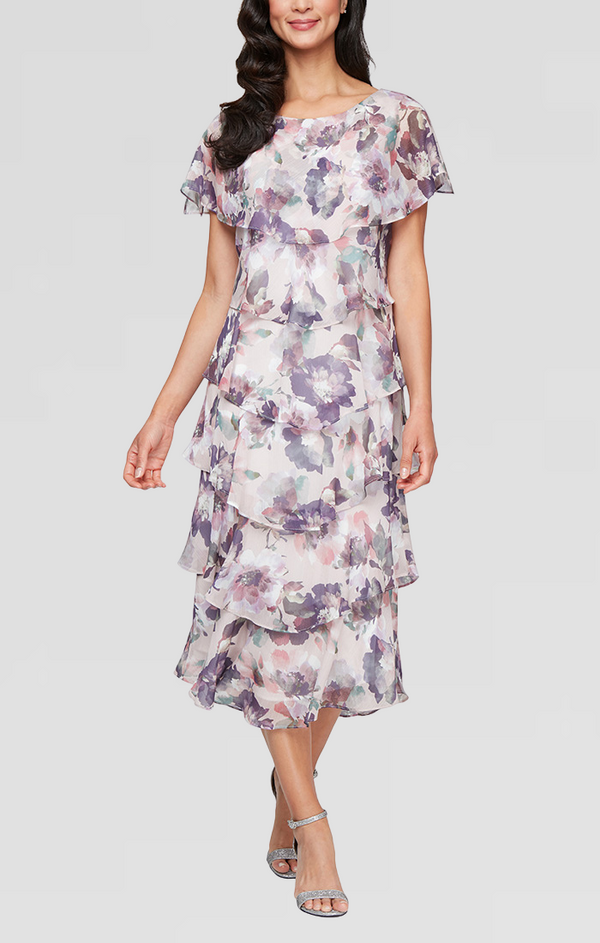 SL Fashions 9472101 Plus Size Printed Capelet Tea Length Dress