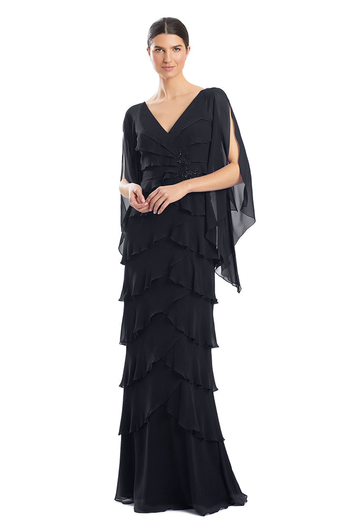 Mother of the Bride Dresses Beaded Long Sleeve Formal Tiered Evening Dress Black