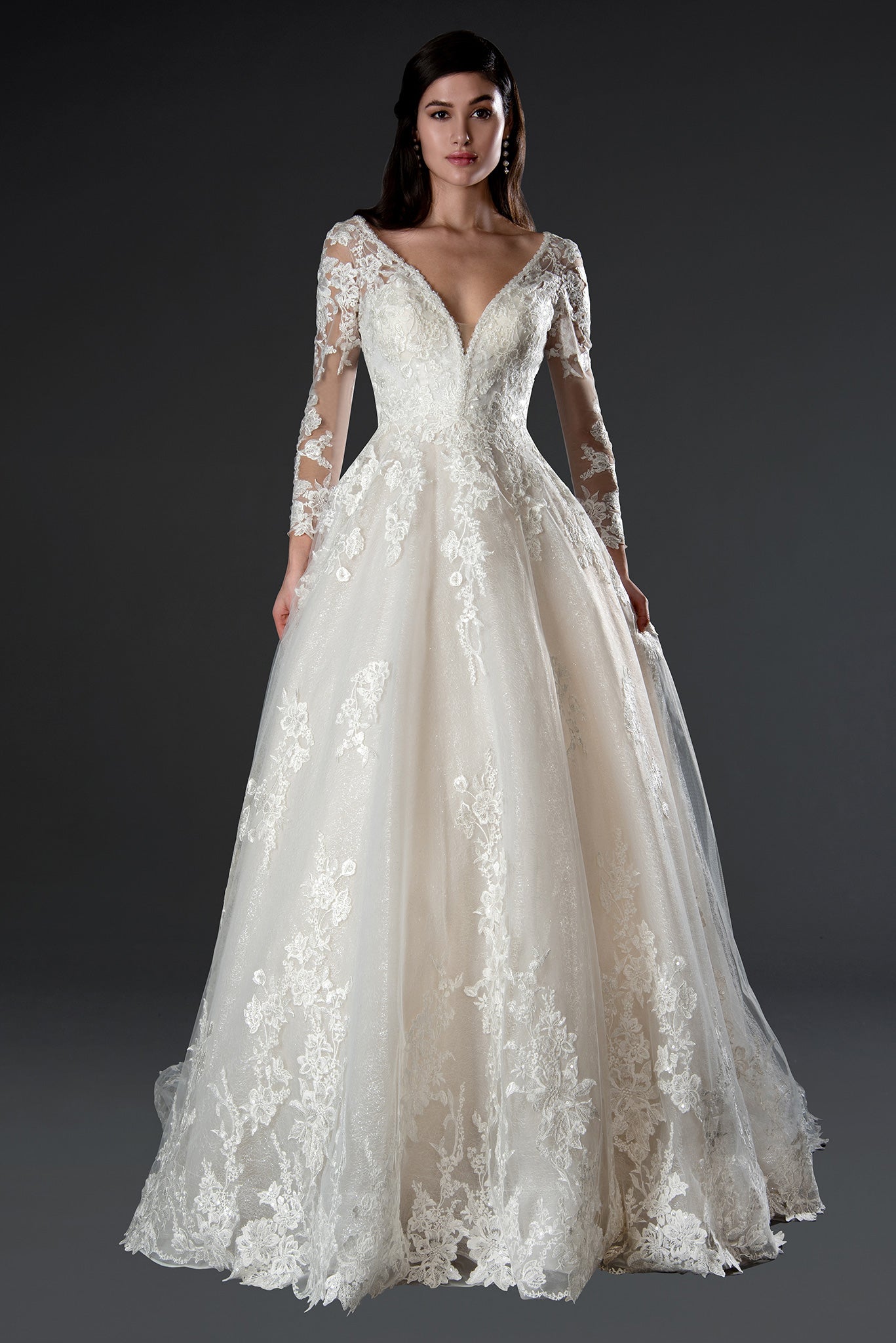 Wedding Dresses Long Sleeve Lace Applique Wedding Dress Off White-Tulle-23556-A Line