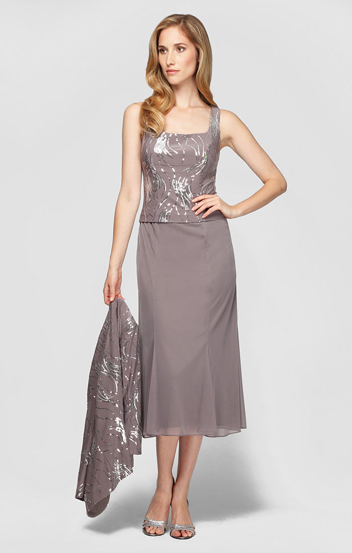 Mother of the Bride Dresses Petite Short Cocktail Sequin Jacket Mother of the Bride Tea Length Dress Pewter Frost