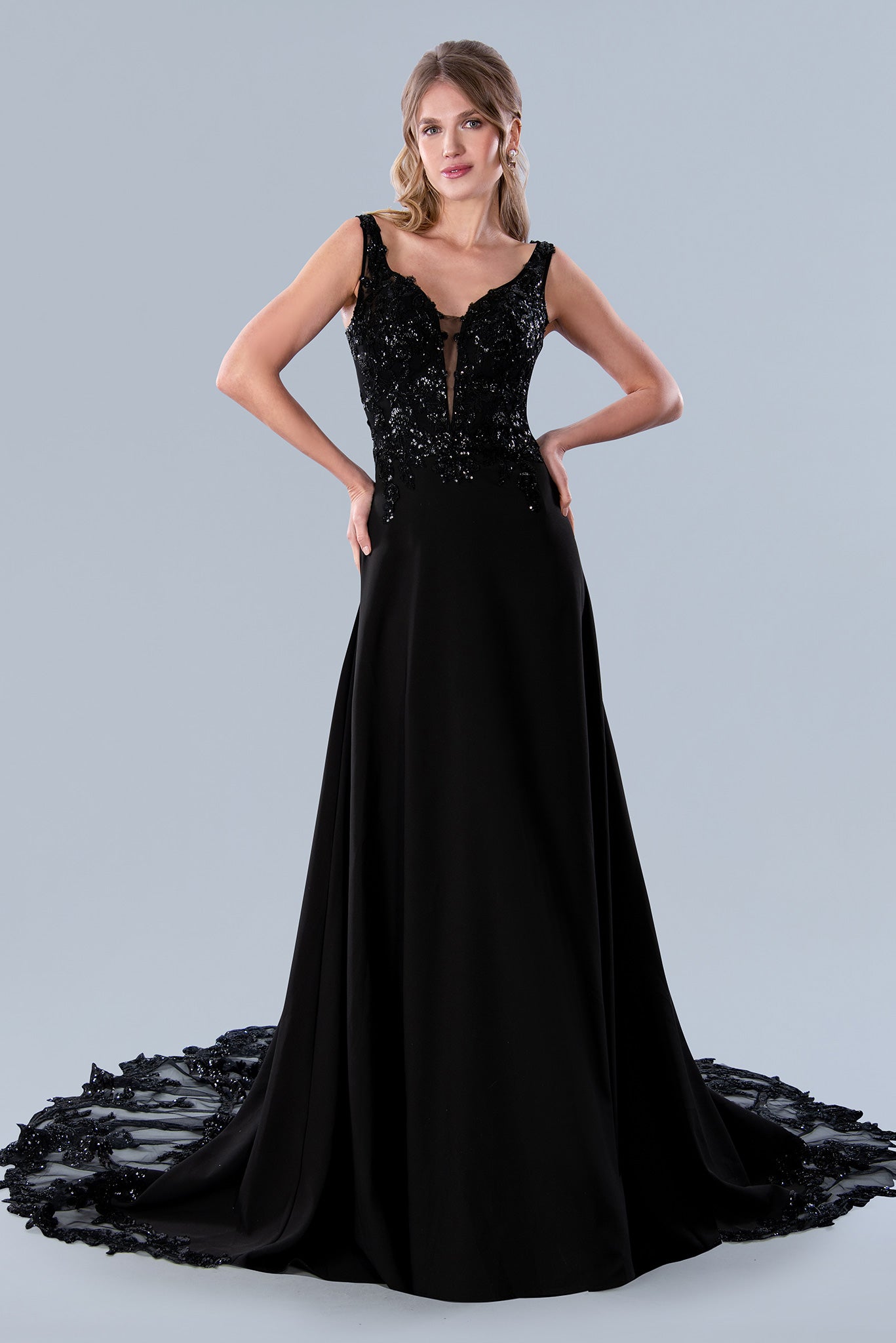 V-Neck Floor-Length with Train Crepe Formal Evening A-Line Gown Stella Couture 23573