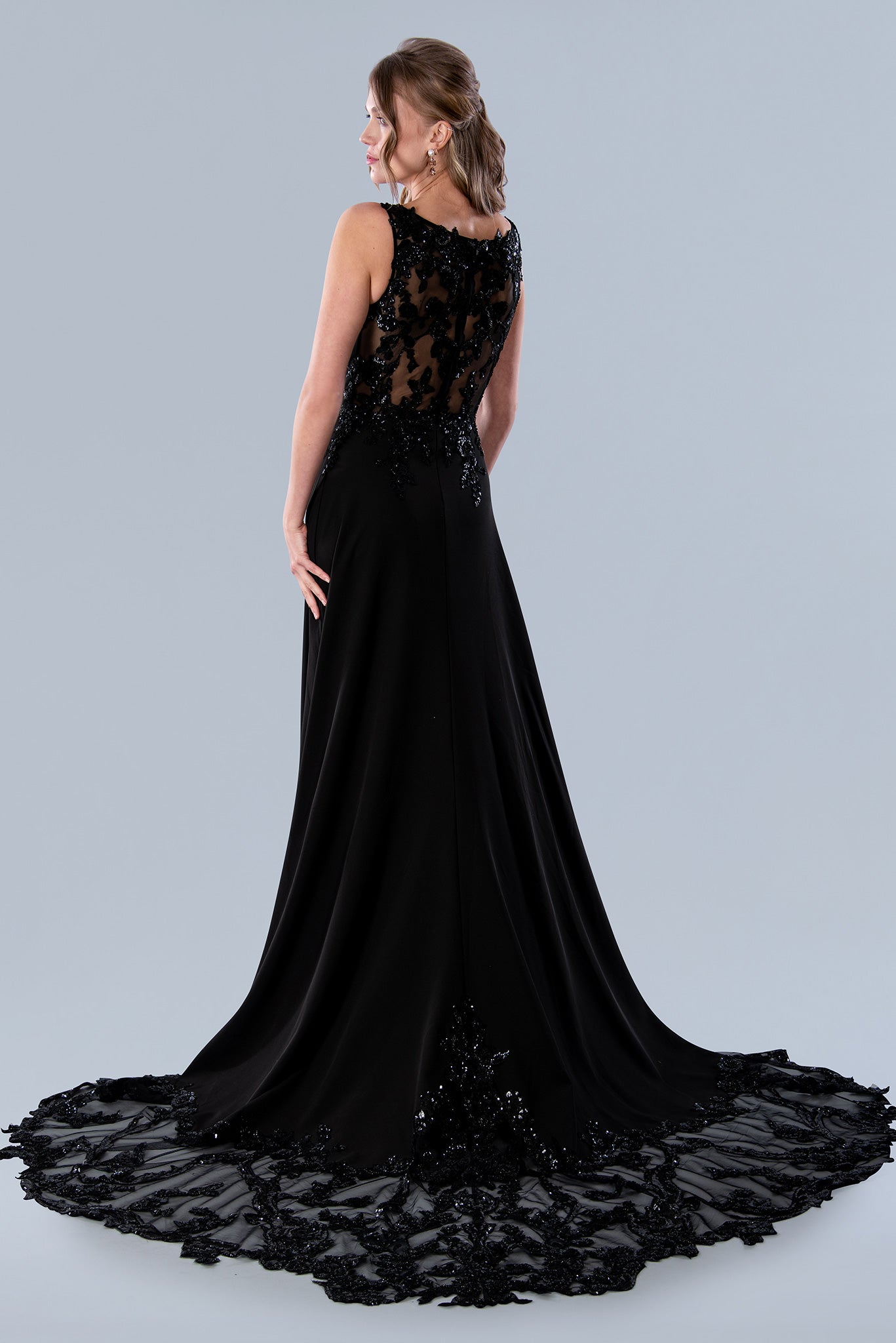 V-Neck Floor-Length with Train Crepe Formal Evening A-Line Gown Stella Couture 23573