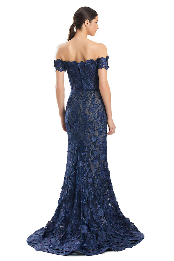 Prom Dresses Long Formal Lace Applique Mermaid Dress Navy