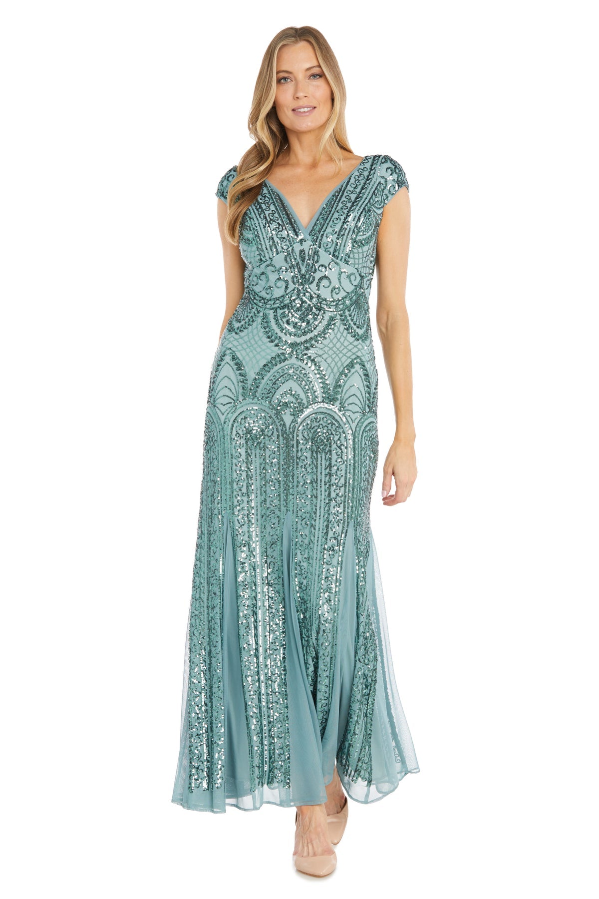 Seaform R&M Richards 1975 V-Neck Floor-Length Sequin Formal Dress Cap