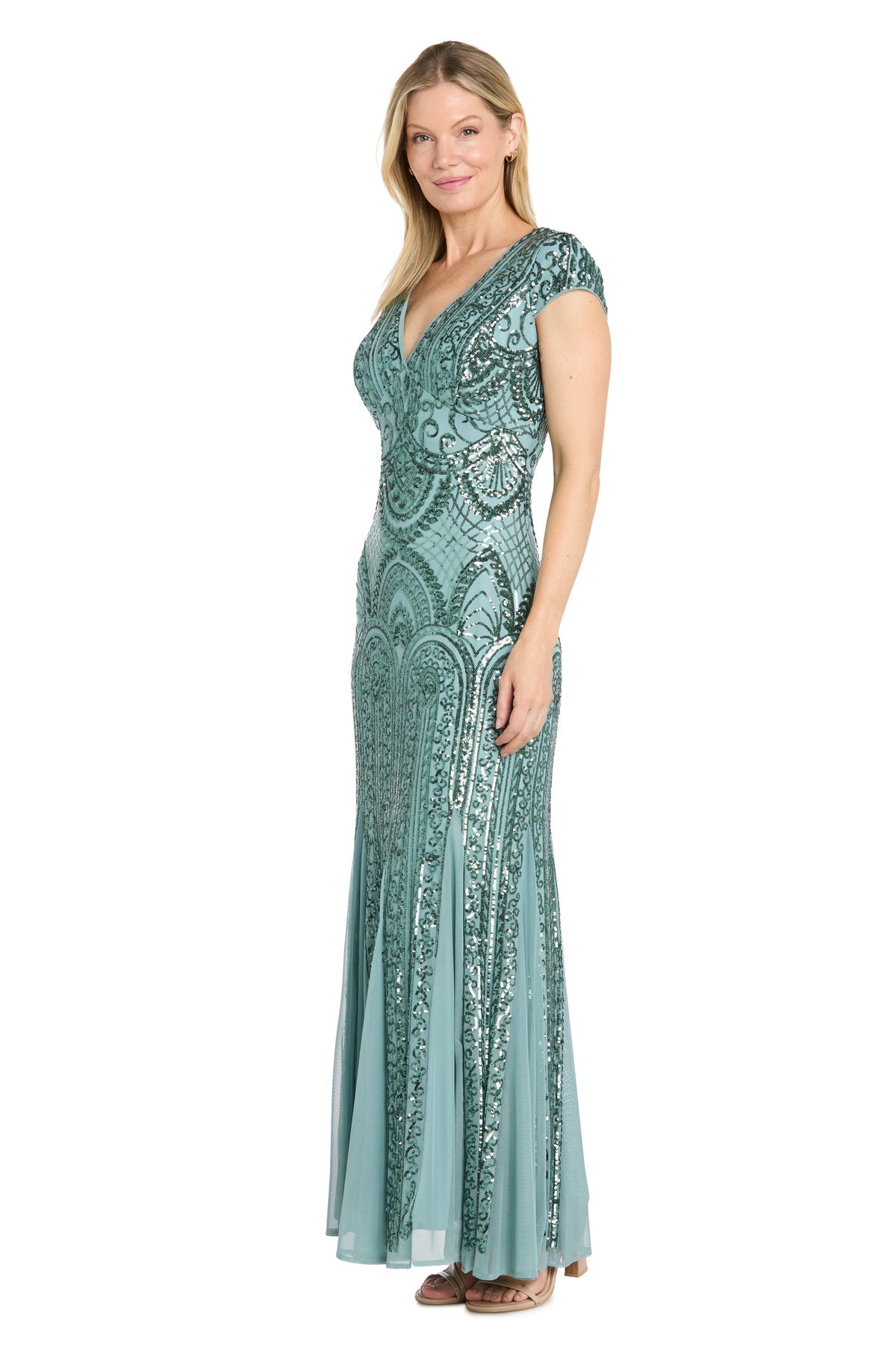 Seaform R&M Richards 1975 V-Neck Floor-Length Sequin Formal Dress Cap