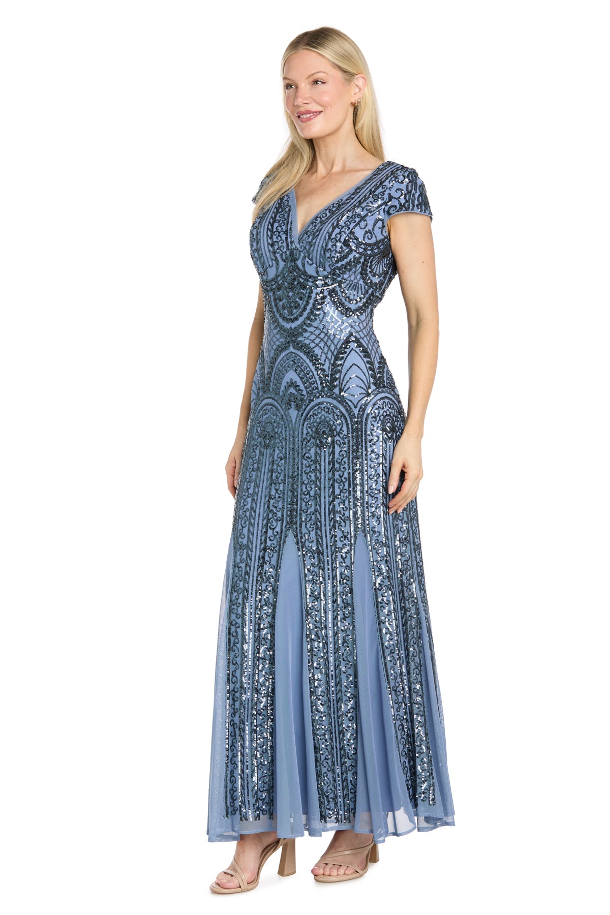 Wedgewood R&M Richards 1975 V-Neck Floor-Length Sequin Formal Dress Cap