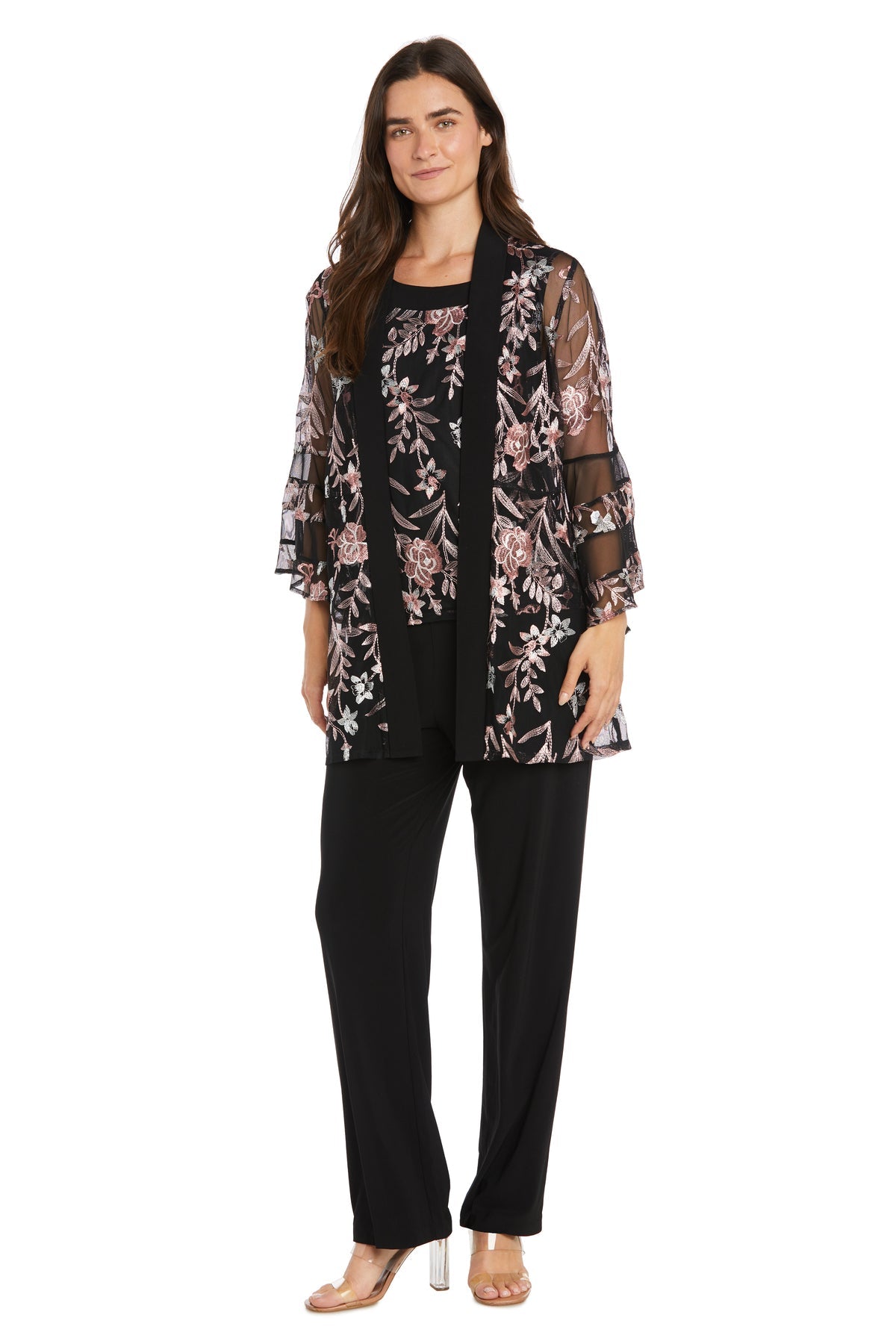 Pant Suit Long Formal Flutter Sleeve Pant Suit Rose/Black