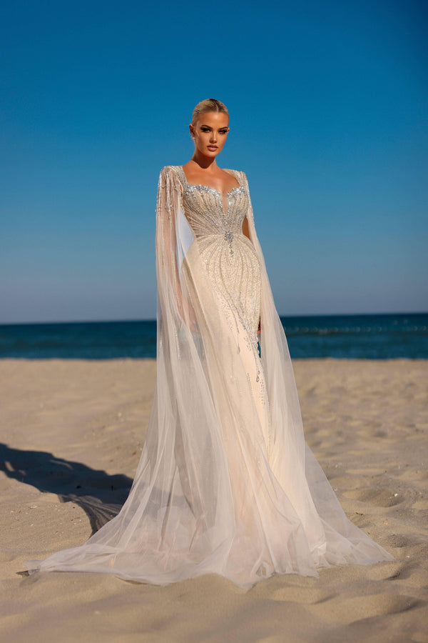 V-Neck Floor-Length Tulle Evening Mermaid Gown