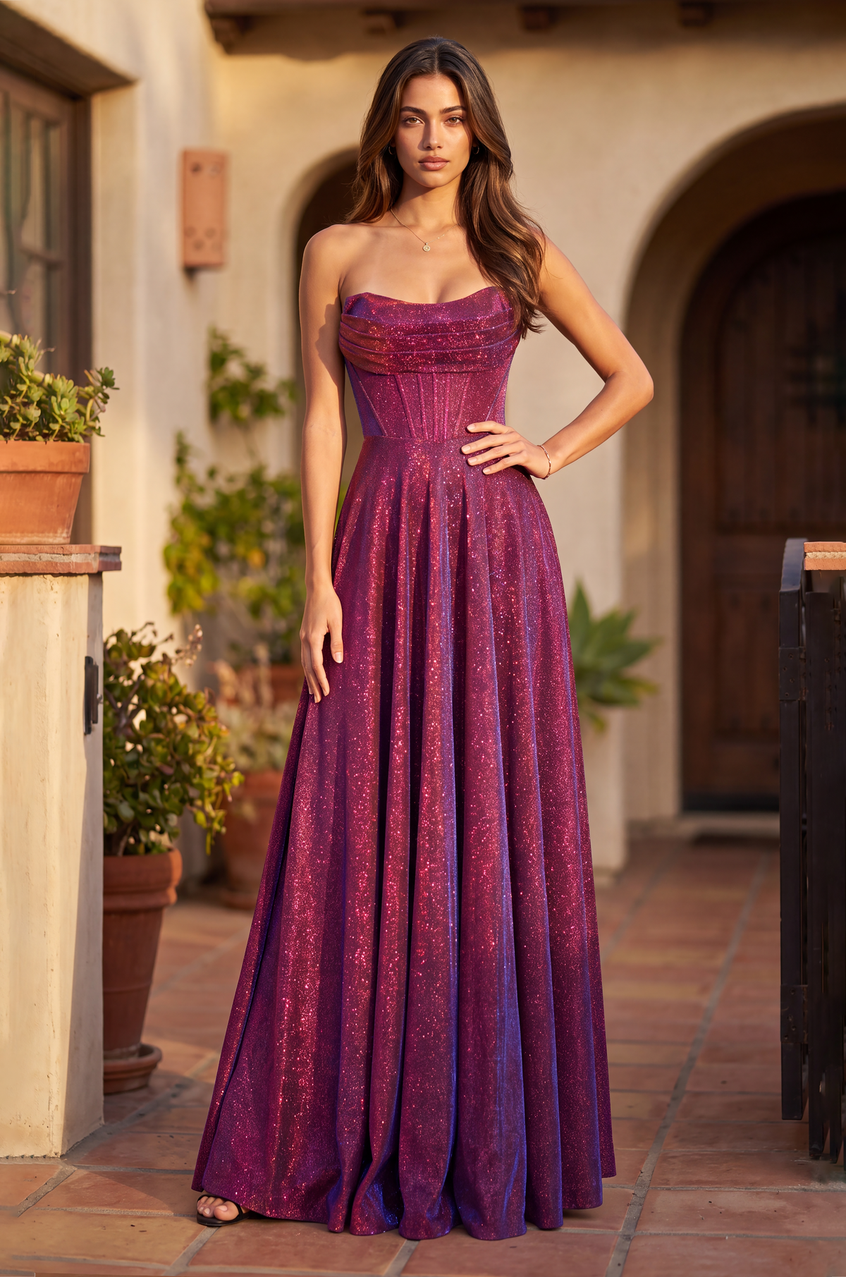 Metallic Long Formal A Line Corset Prom Dress