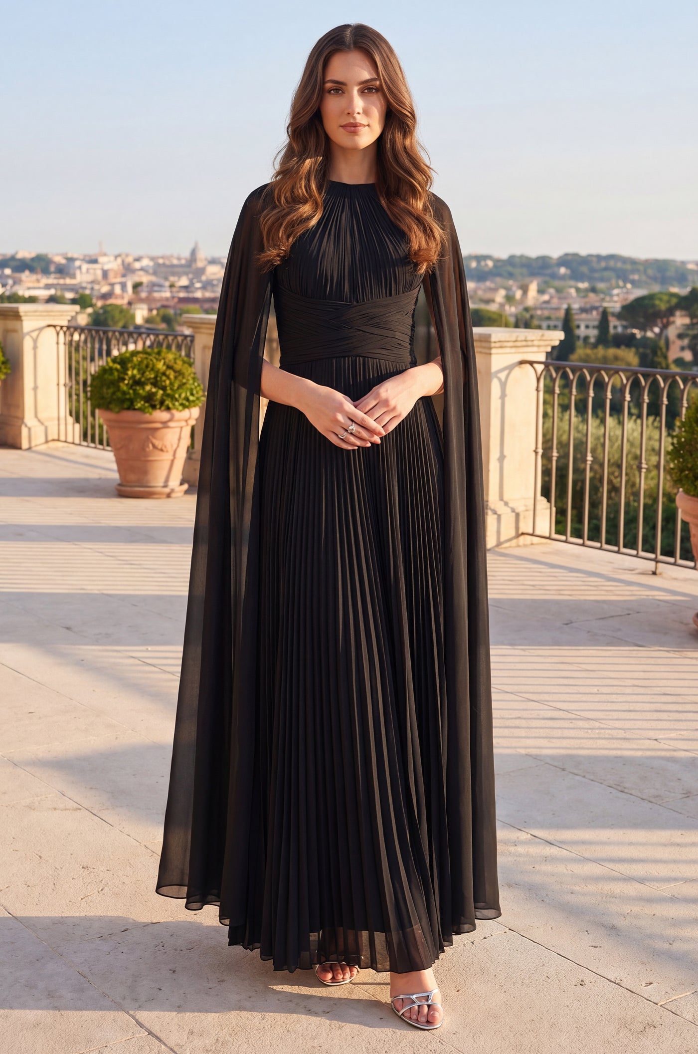Pleated A Line Long Formal High Neck Cape Sleeve Dress