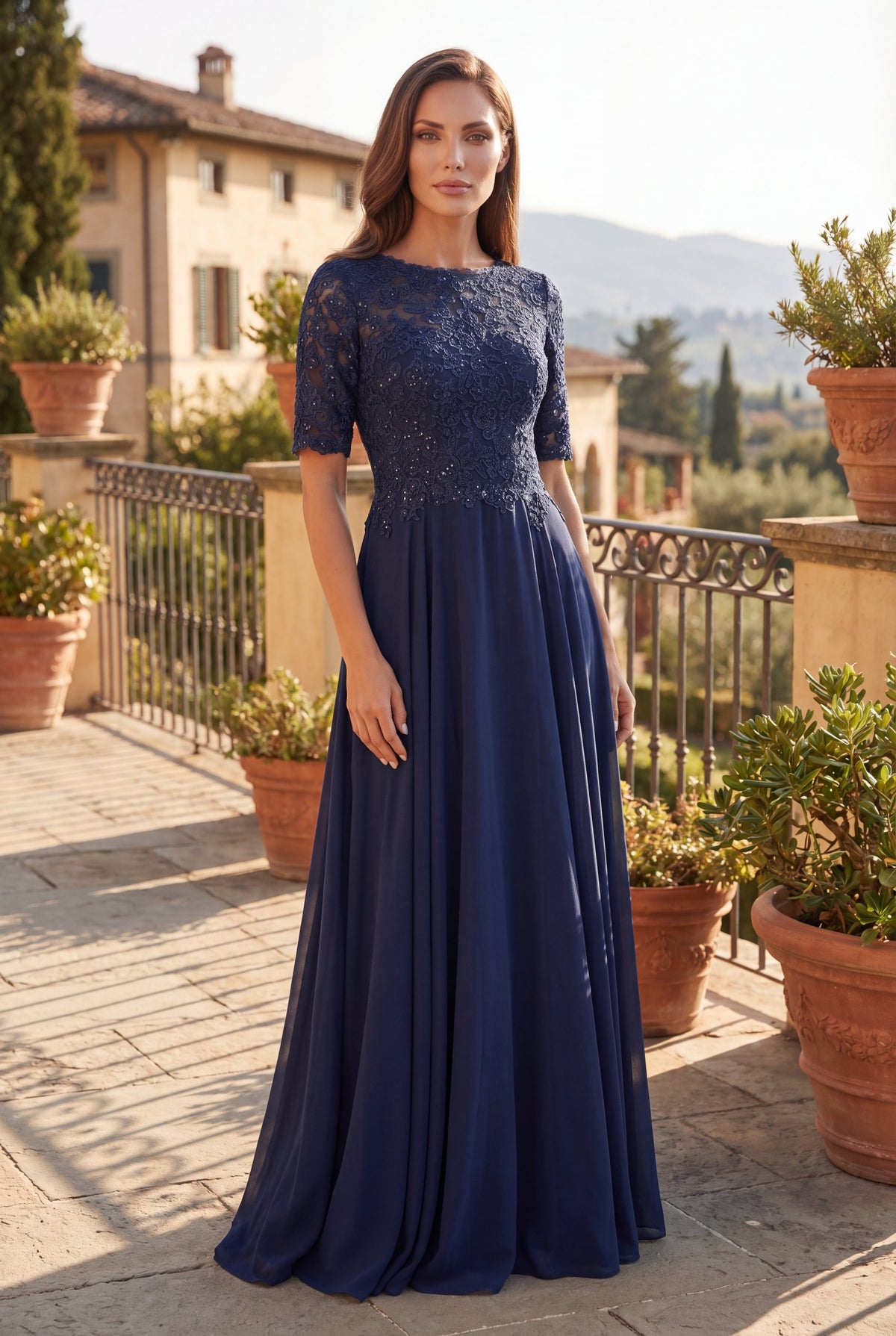 Navy Mother of the Bride Lace Dress with Short Sleeves