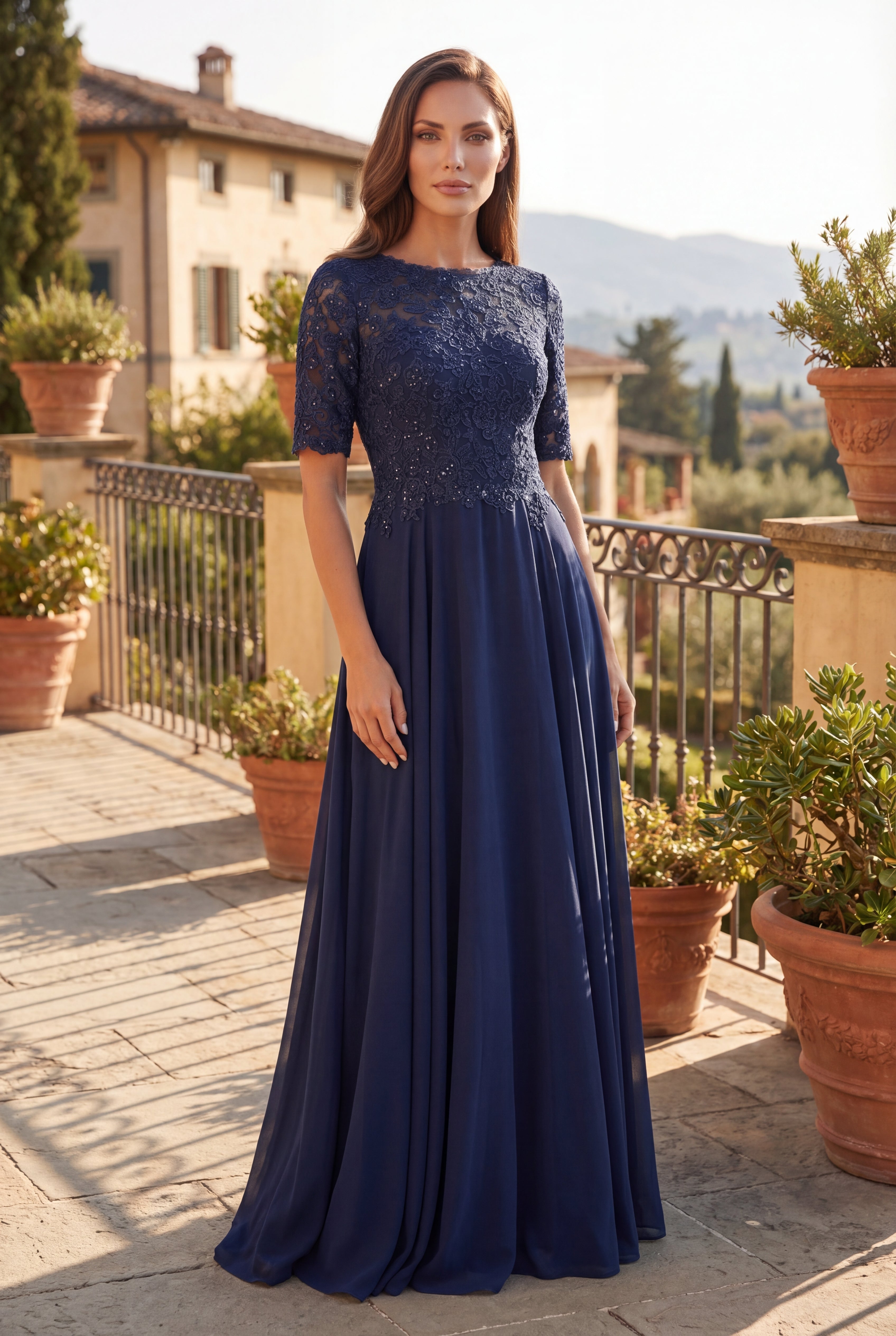 Navy Mother of the Bride Lace Dress with Short Sleeves