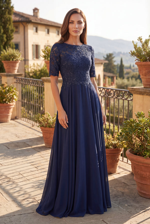 Navy Mother of the Bride Lace Dress with Short Sleeves