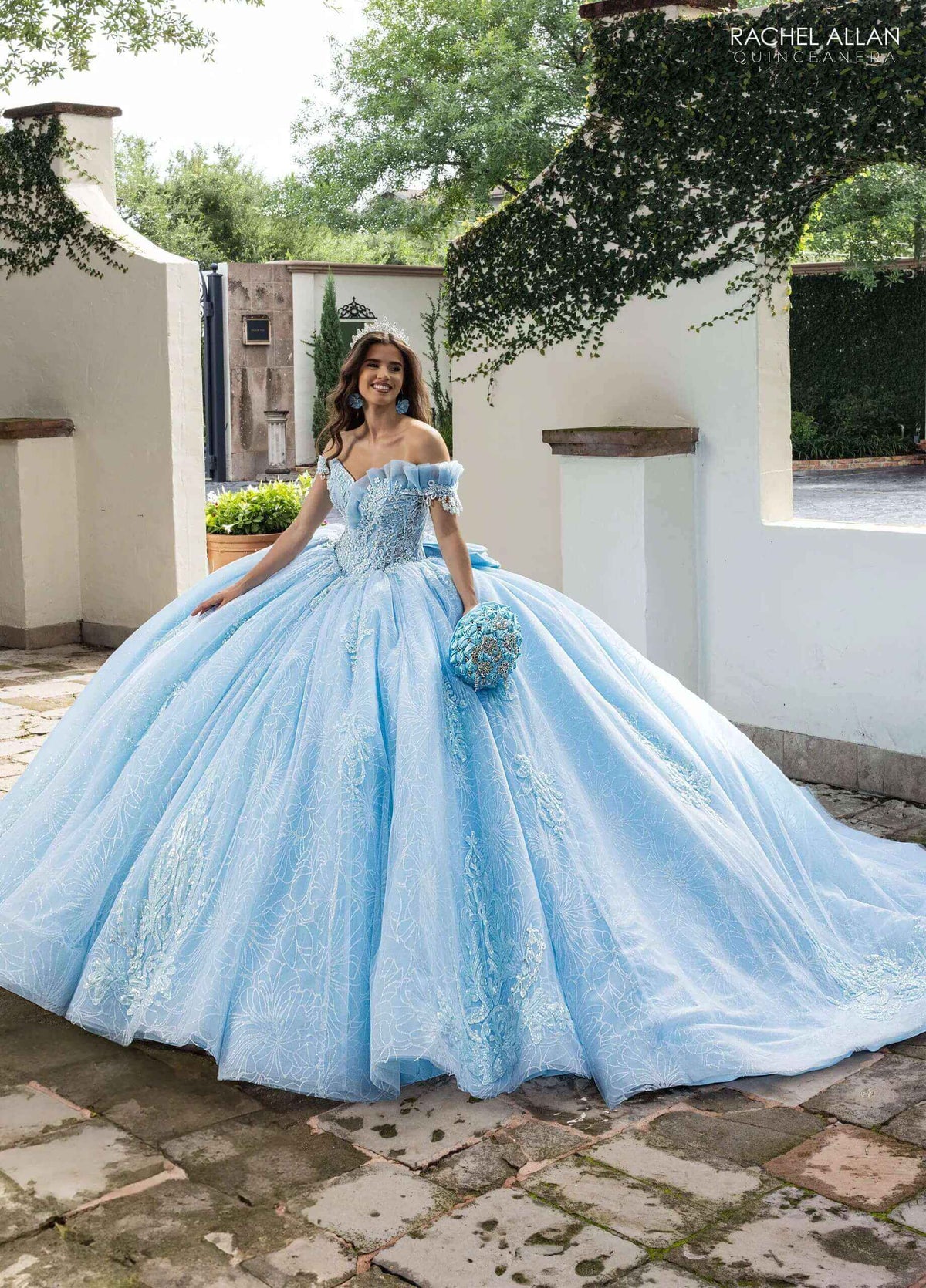 Powder Blue Off the Shoulder Floor-Length Glitter Tulle Quinceanera Ball Gown with Detachable Bow Rachel Allan RQ2246
