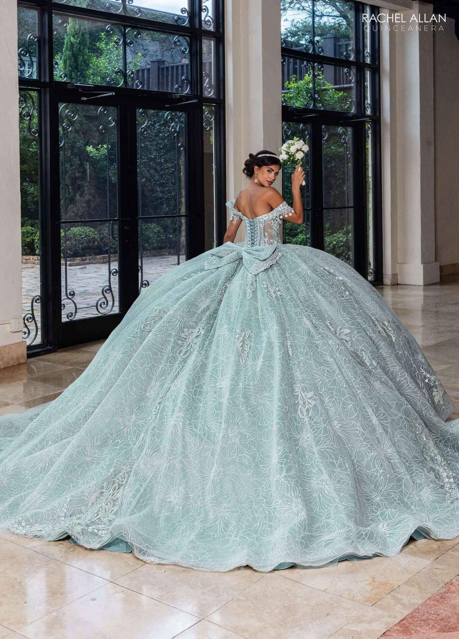 Mist Off the Shoulder Floor-Length Glitter Tulle Quinceanera Ball Gown with Detachable Bow Rachel Allan RQ2246