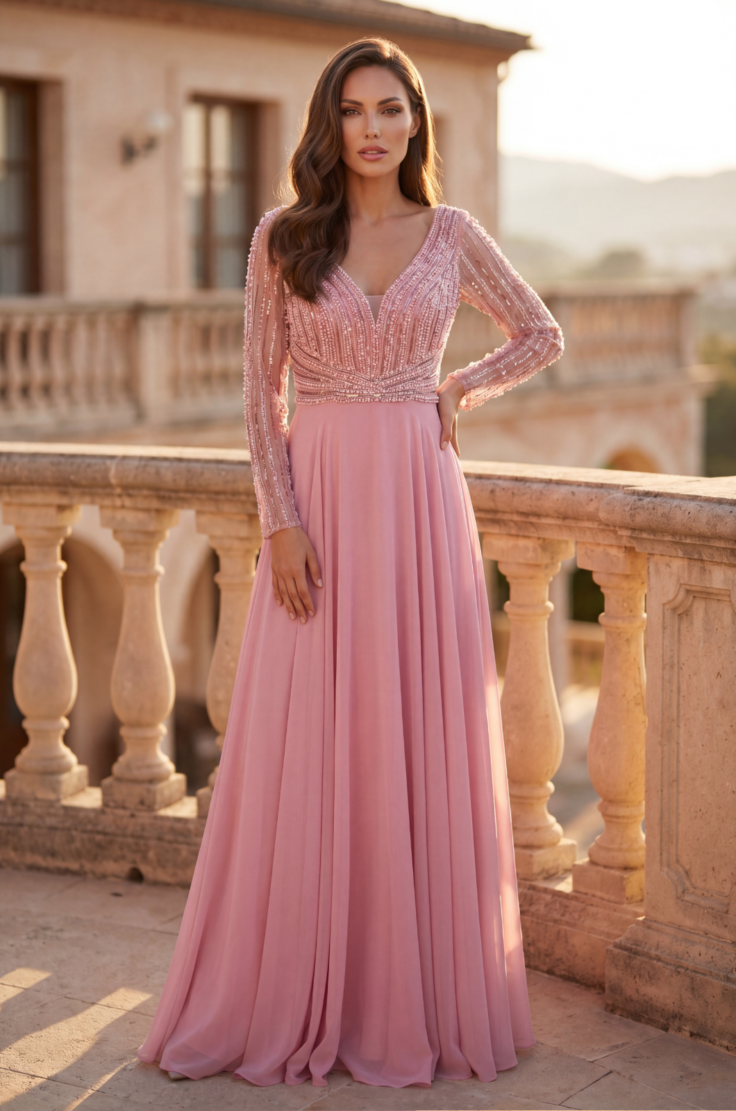 Beaded Long Sleeve Mother of the Bride Dress