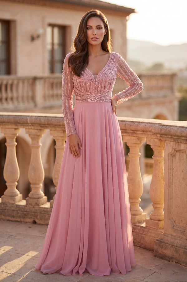 Beaded Long Sleeve Mother of the Bride Dress
