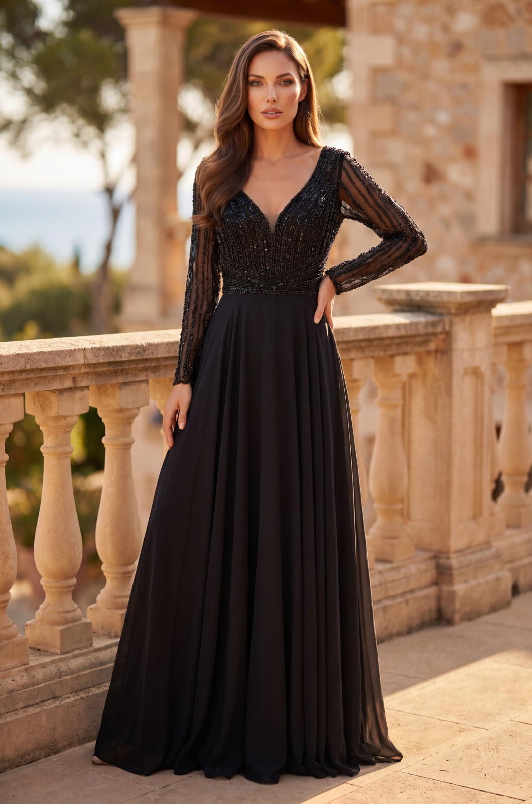 Beaded Long Sleeve Mother of the Bride Dress