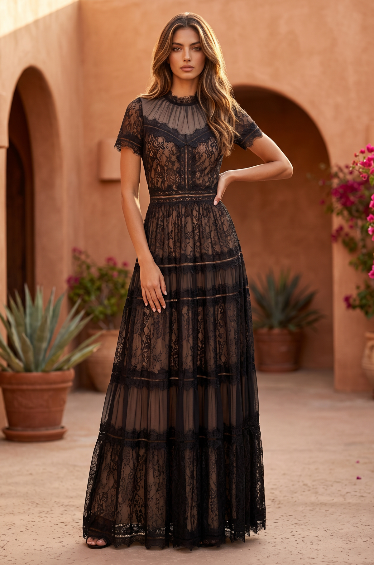 Long Lace Short Sleeve Formal Black Evening Dress