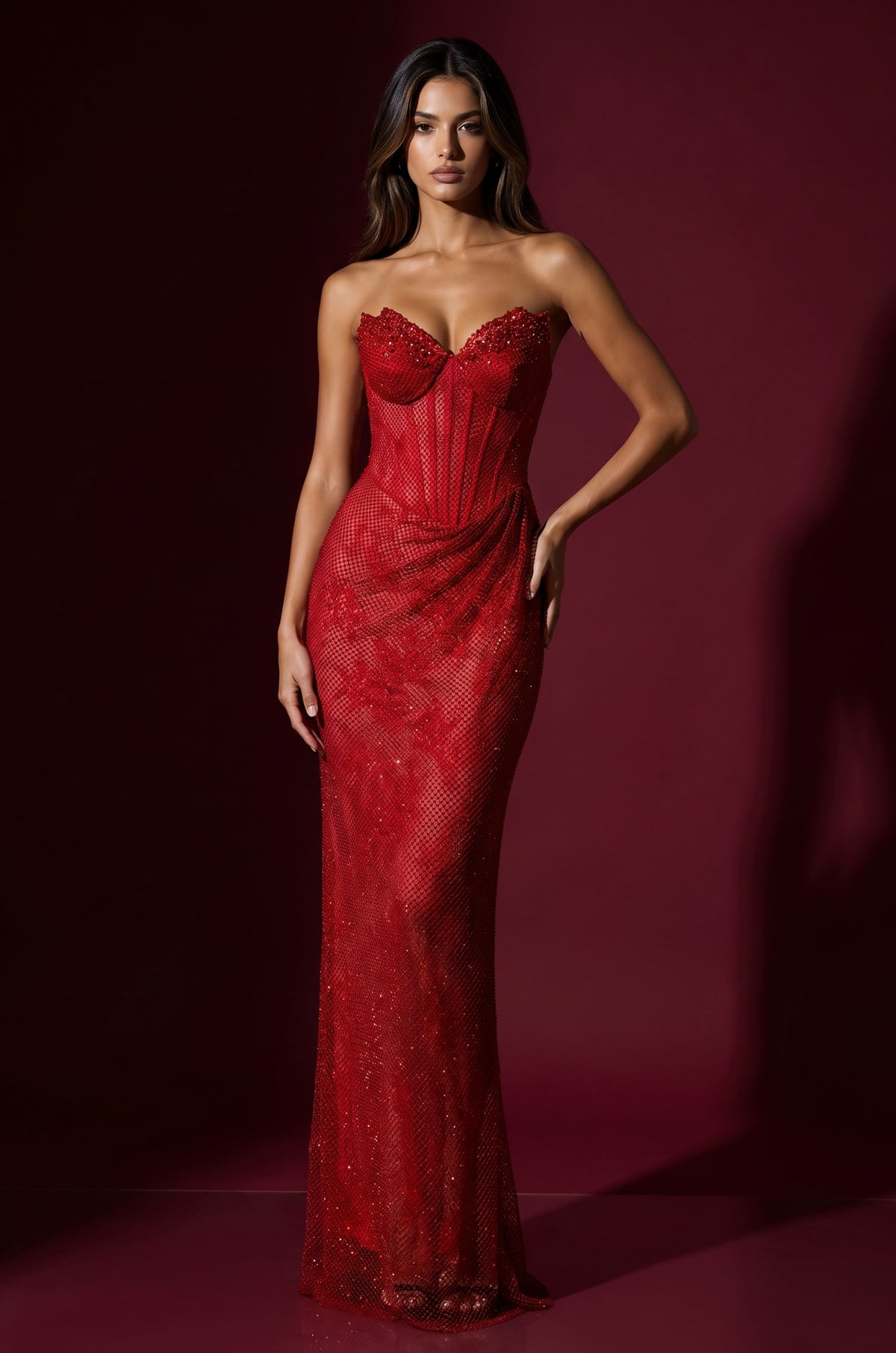 Black Beadd Corset Long Evening Gown Formal Dress