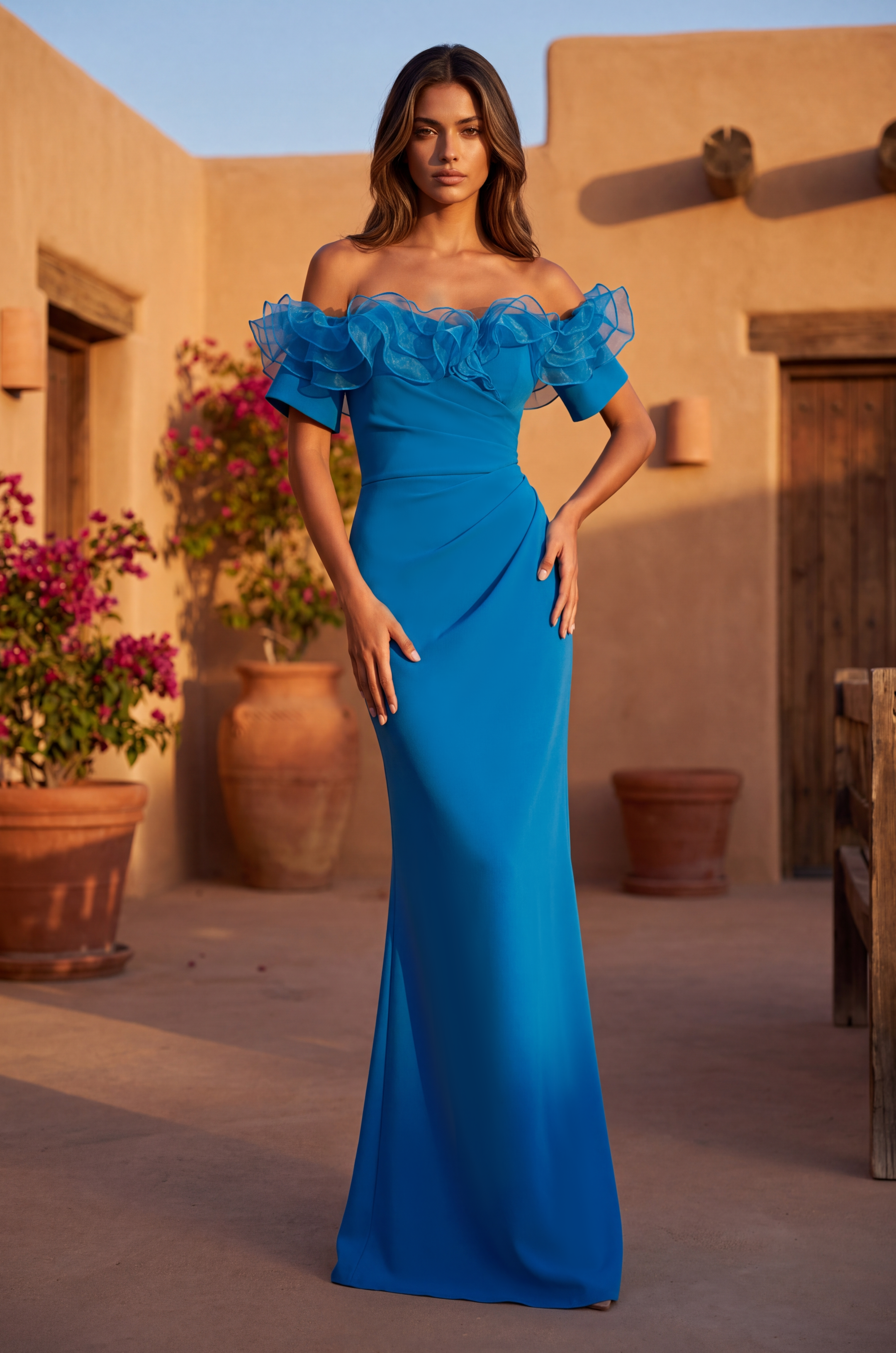 Ruffled Long Off Shoulder Formal Evening Dress