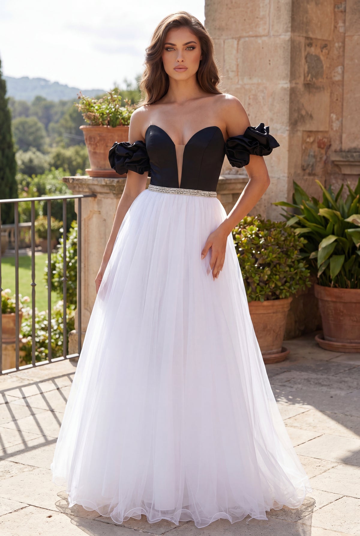 Long Off Shoulder Ball Gown Prom Dress Black/White