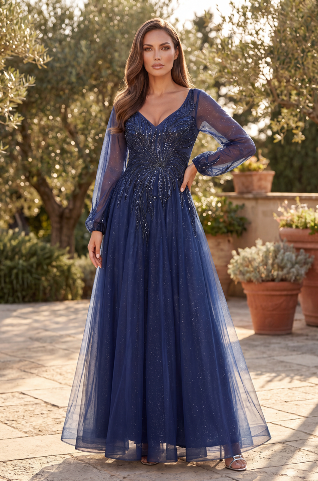 Navy Beaded V-Neck Long Sleeve Formal Evening Gown