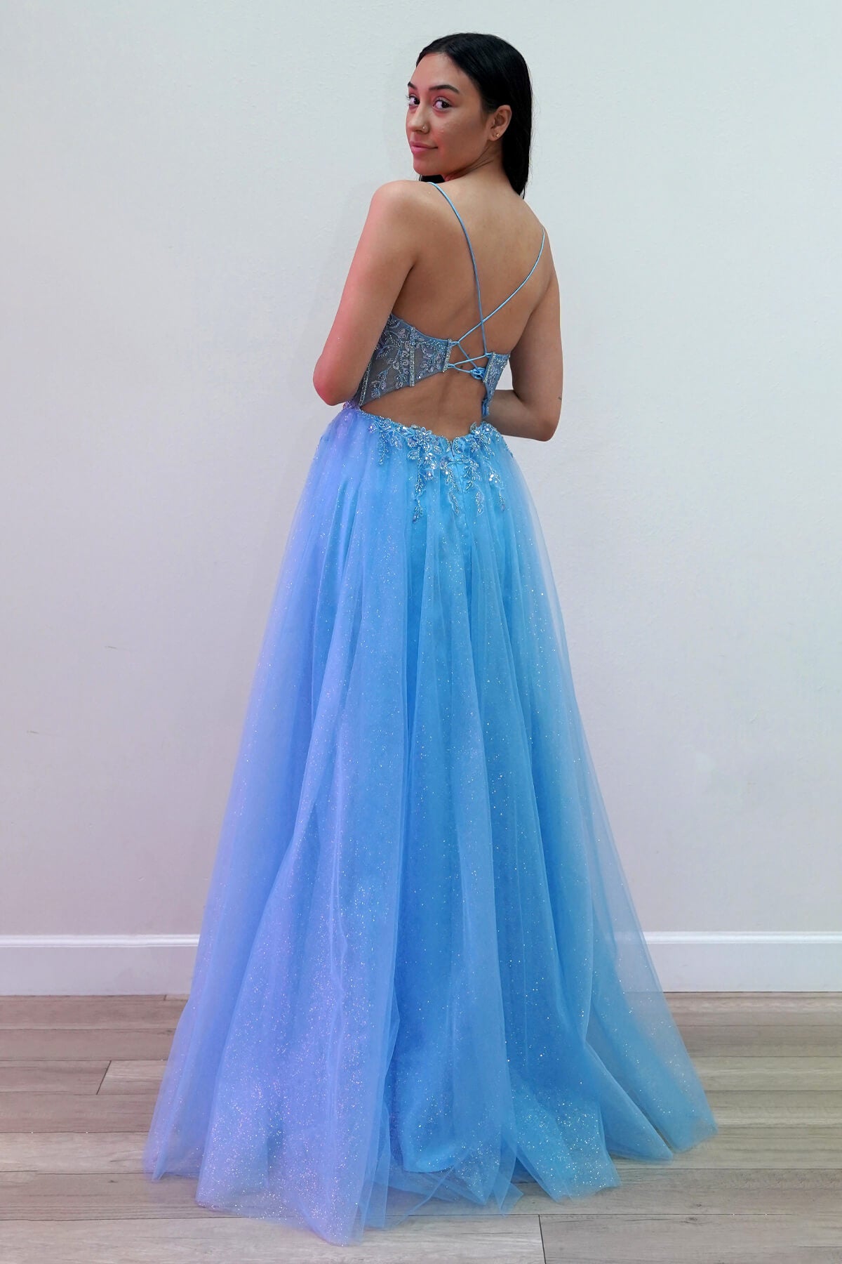 V-Neck Floor-Length Tulle Gown with Sheer Corset Detailing Formal Go The Dress Outlet V-Neck Floor-Length Tulle Gown with Sheer Corset Detailing Formal Go The Dress Outlet