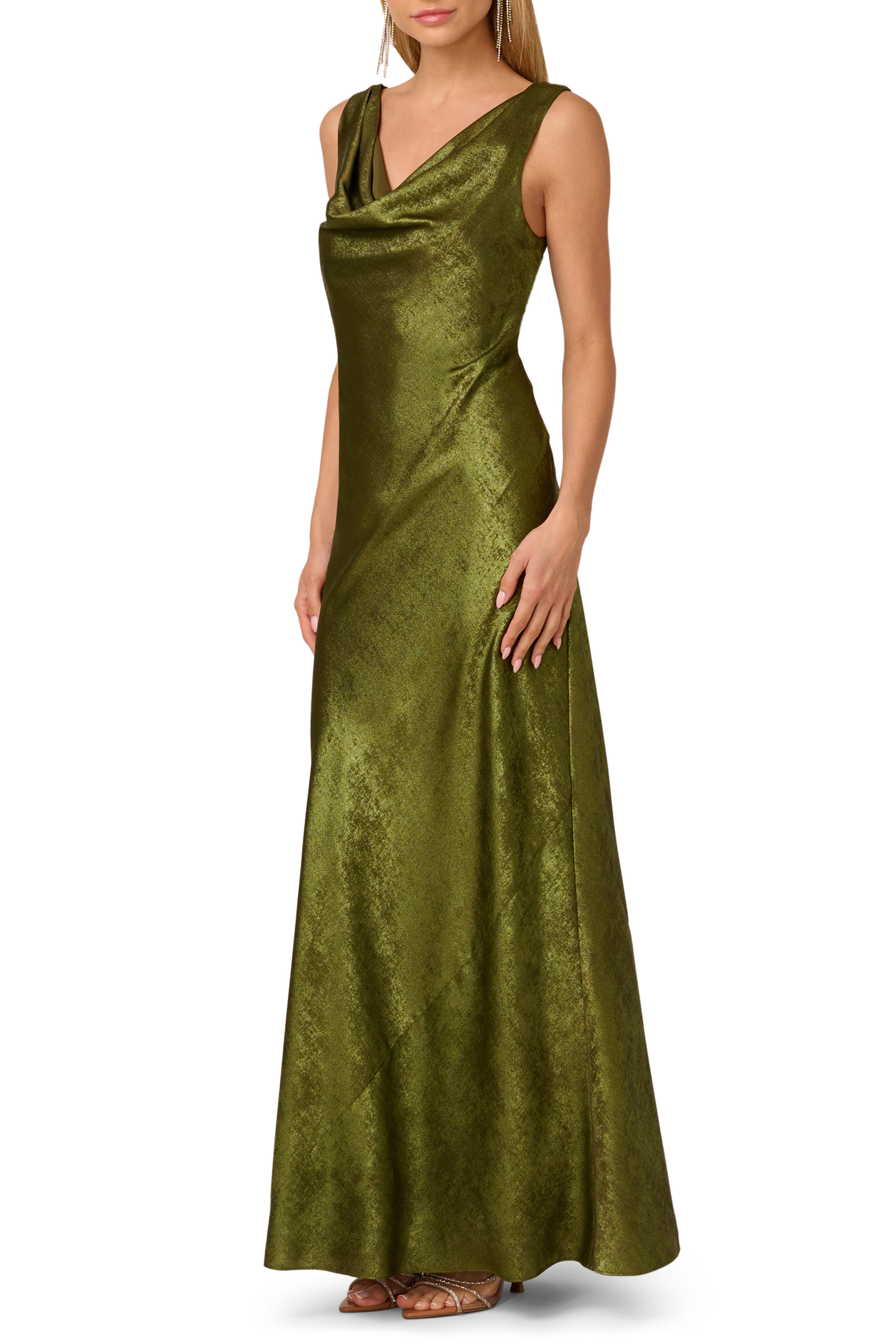 Dark Olive Adrianna Papell ADAE212451 Cowl Neck Floor-Length Metallic Jacquard Formal Gown