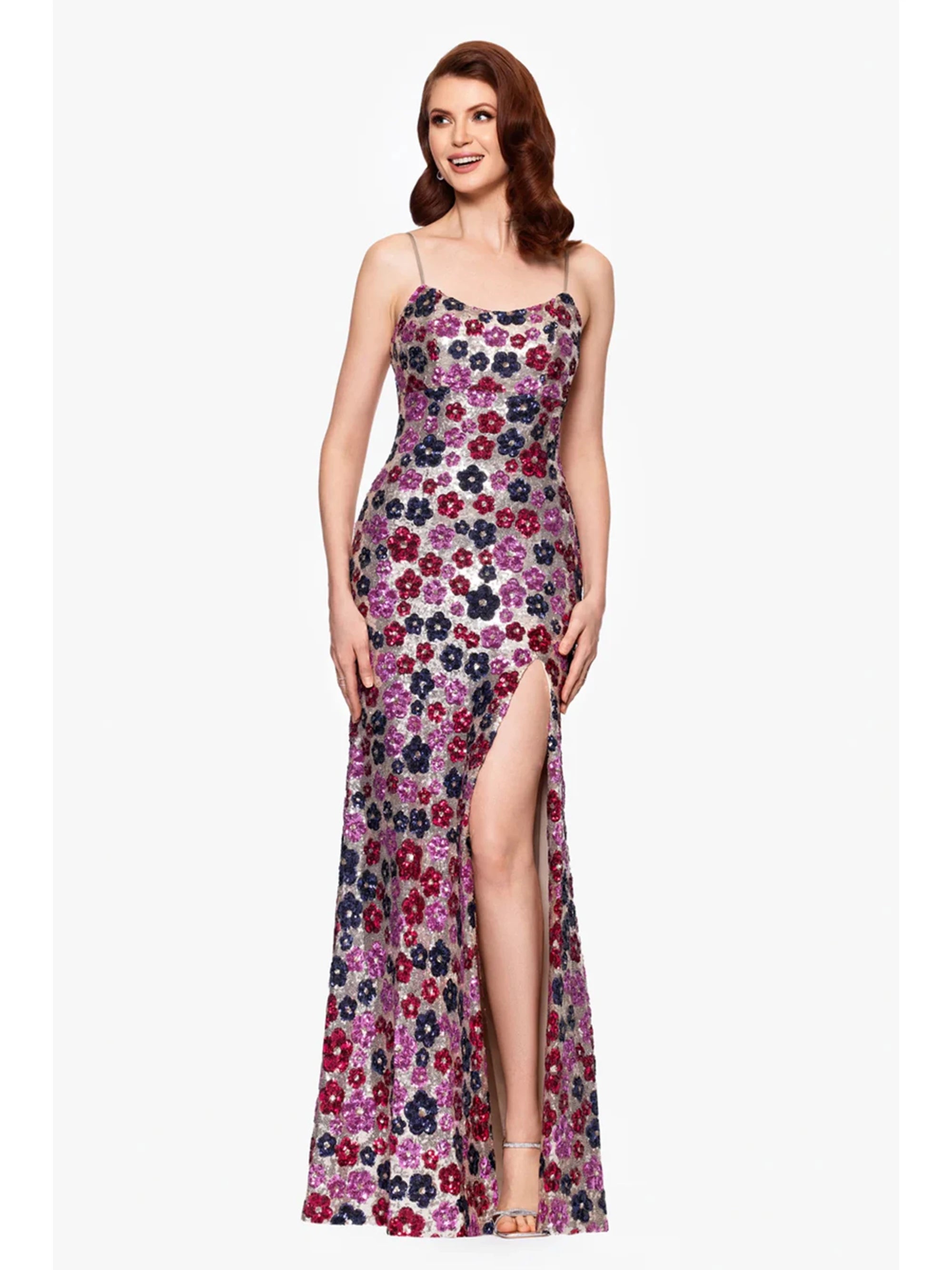 Nude/Navy/Pink Floral Sequin Maxi Dress High Slit Betsy and Adam A27017