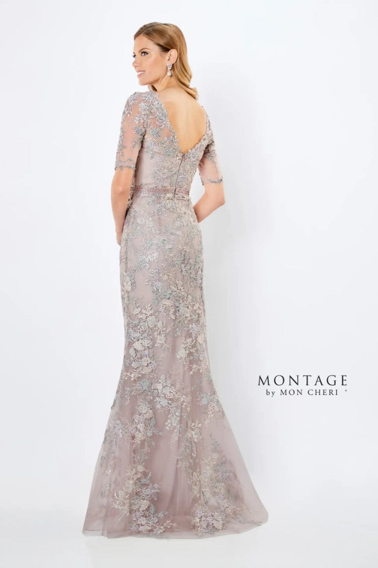 Montage 221961 Long Beaded Belt Lace Formal Evening Dress