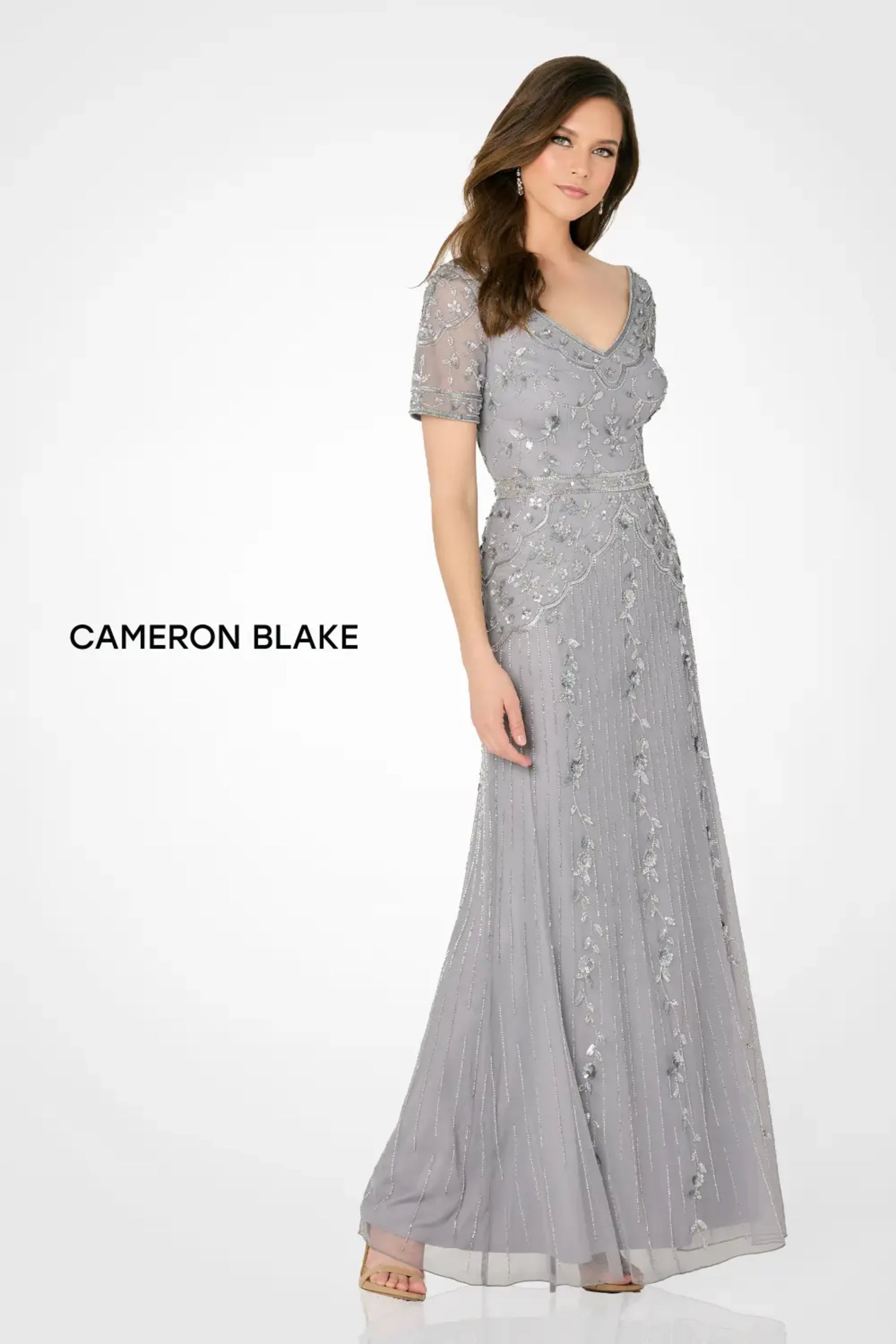Cameron Blake CB793 Beaded Long Floral Sequin Evening A Line Dress