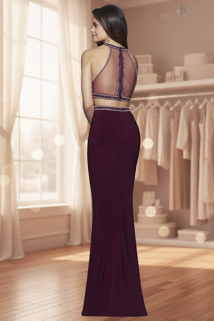 Prom Dresses Beaded Long Formal Two Piece Prom Dress Bordeaux