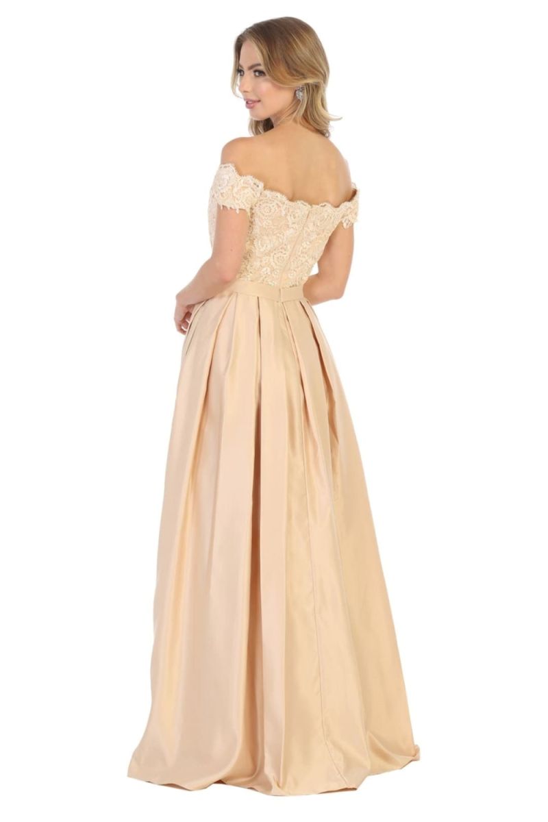 Champagne Off-the-Shoulder Floor-Length Lace Satin Formal Dress Pockets May Queen MQ1762