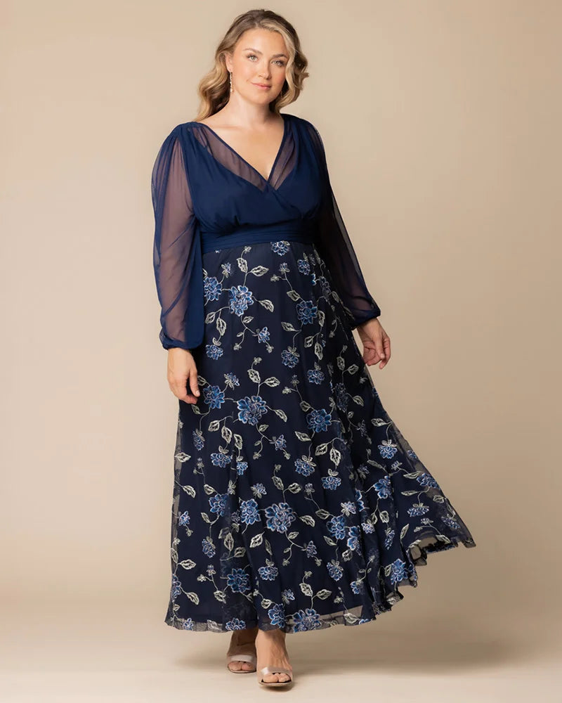Plus Size Dresses Long Sleeves Floral Long Formal Plus Size Dress  Navy Blue Blooms