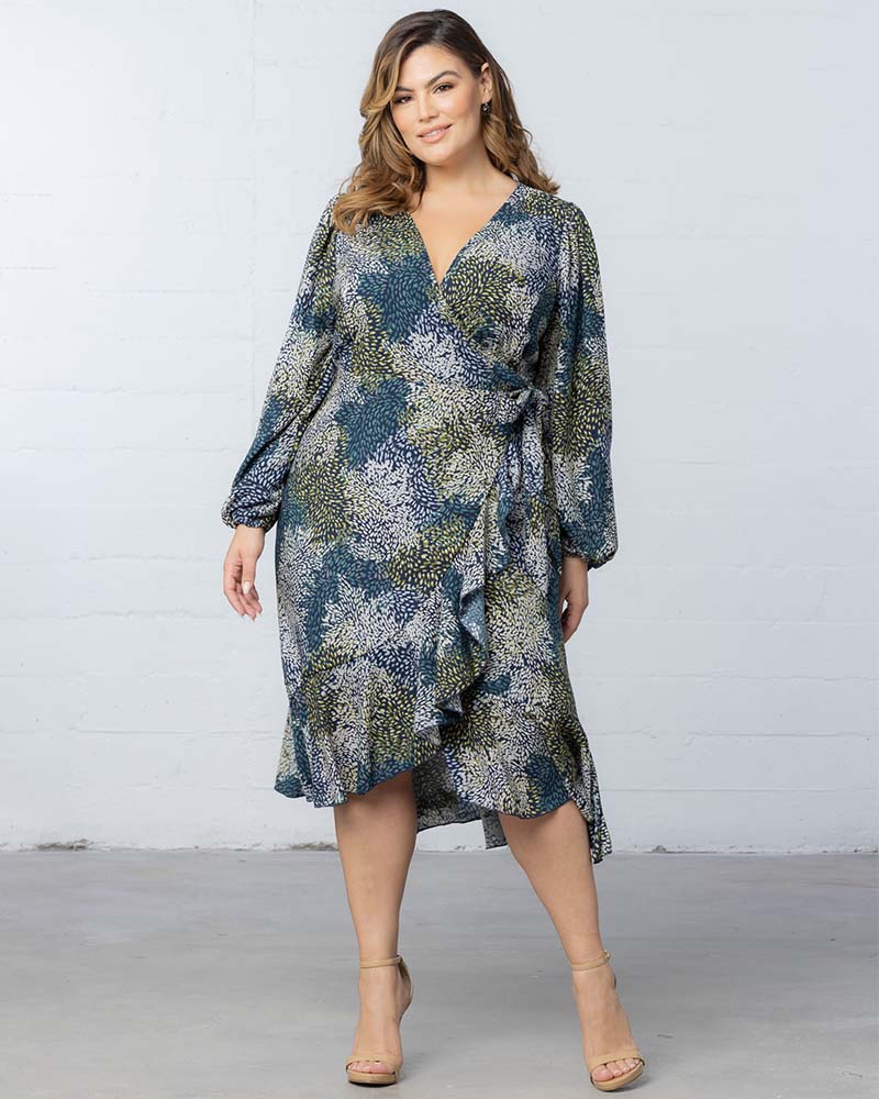 Plus Size Dresses Ruffle Short Cocktail Plus Size Dress Blue Impressionist Print