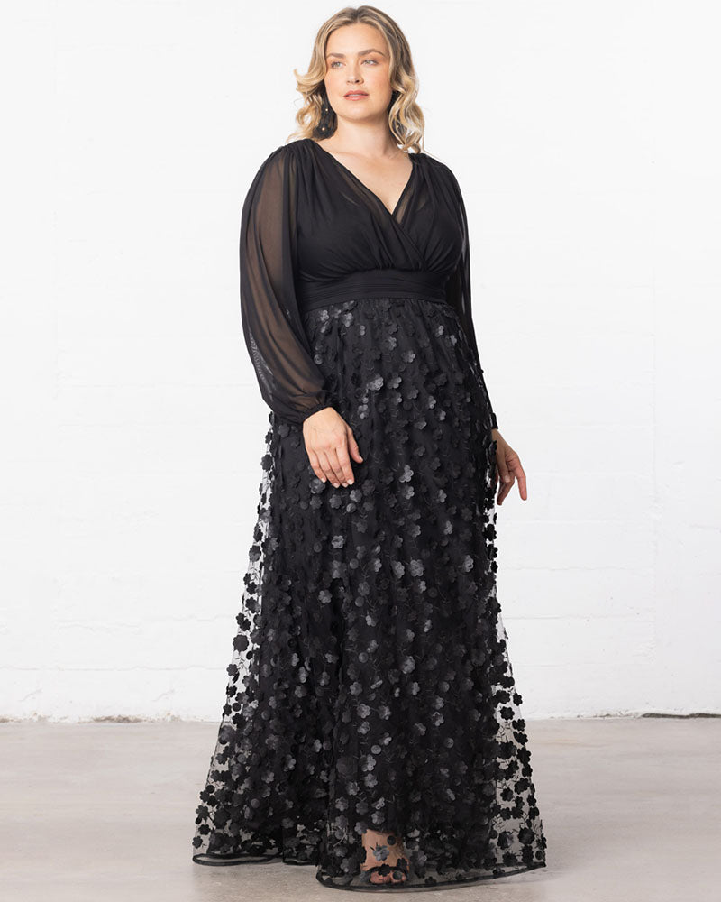 Plus Size Dresses 3D Floral A Line Long Formal Plus Size Dress Onyx Blossoms