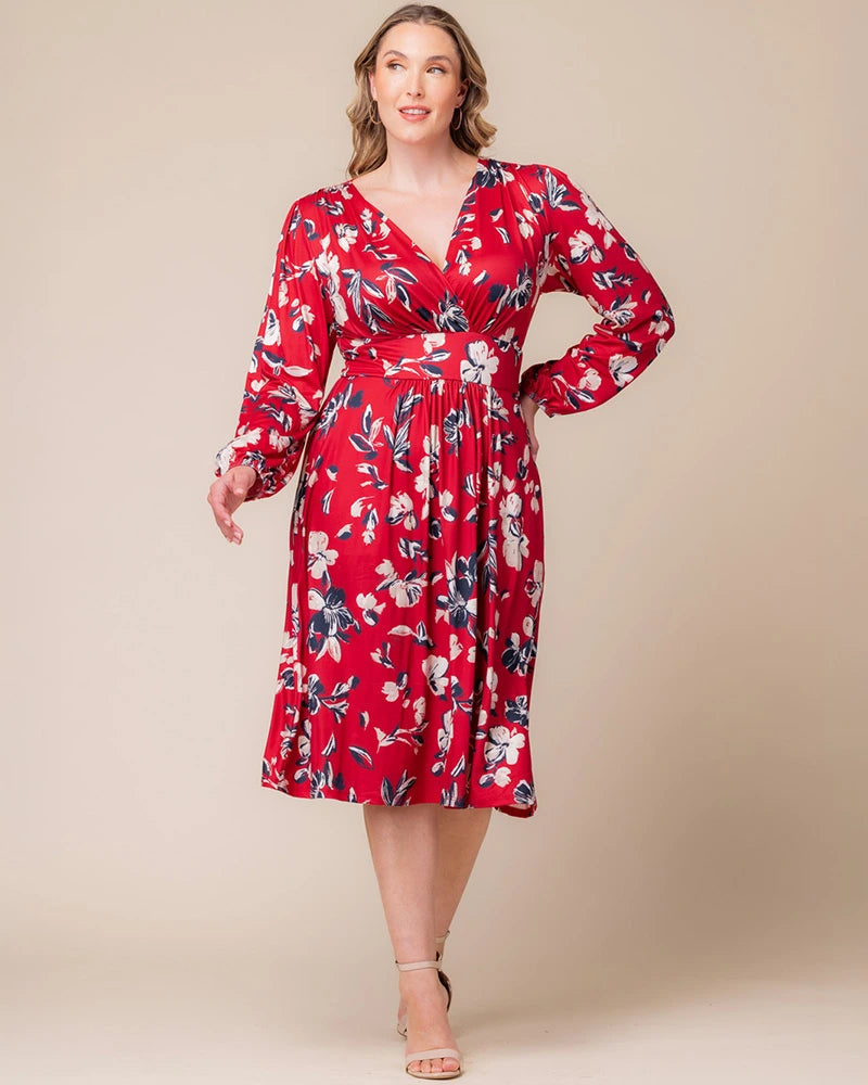 Plus Size Dresses Long Sleeve A Line Short Cocktail Plus Size Dress Red Floral Print