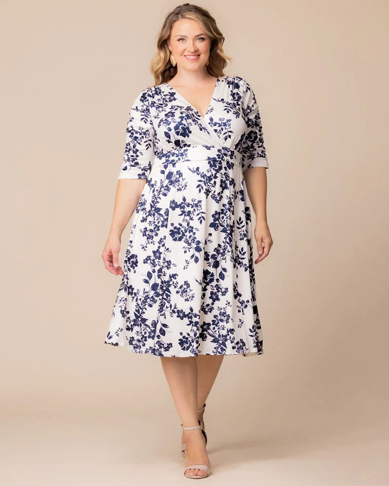 Ivory Florals V-Neck Knee-Length Floral Casual Dress Plus Size A-Line Dress with Pockets Kiyonna 12183501